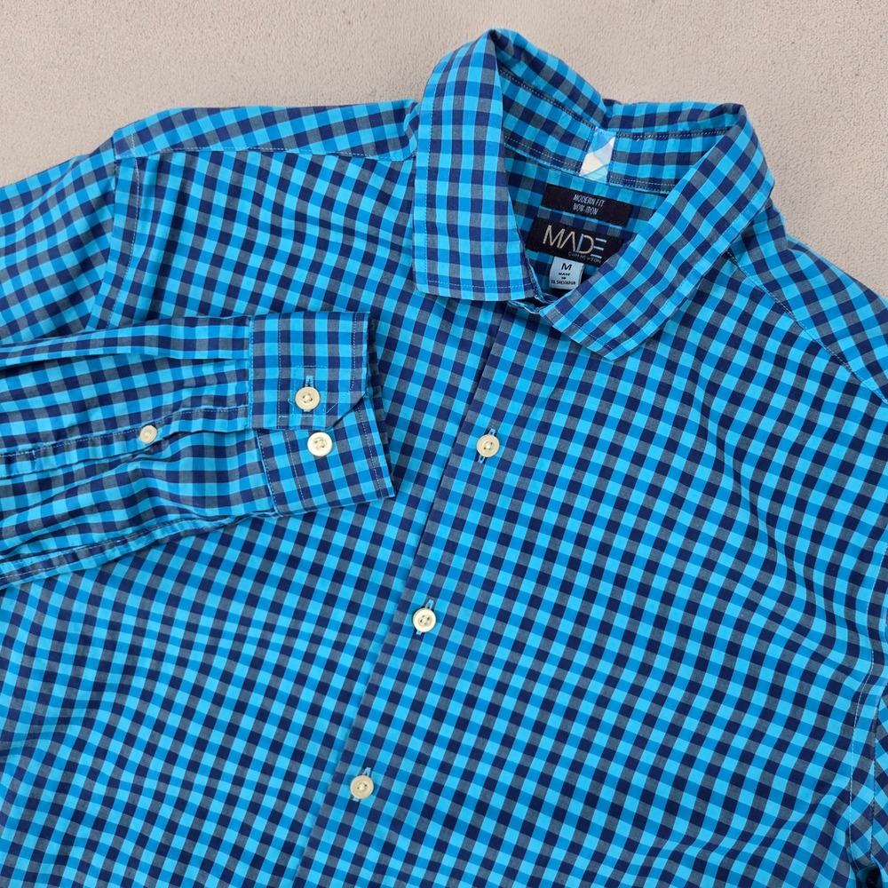 Made Cam Newton Mens M Blue Gingham Button Down Shirt Modern Fit Non-Iron Cotton